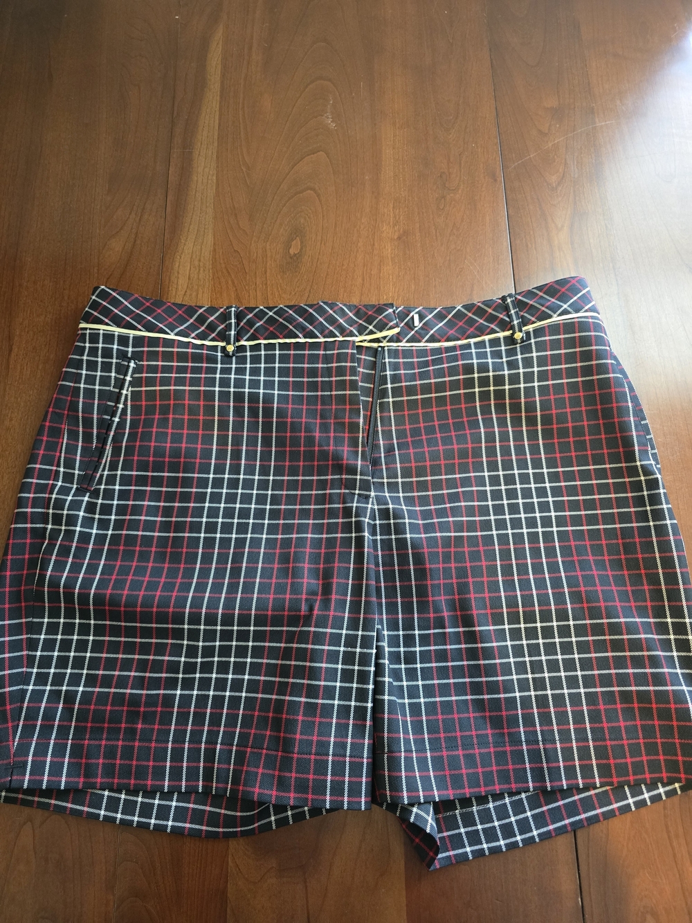 Lady Hagen Black Shorts with Red and White Windowpane Plaid Detail, Size 14